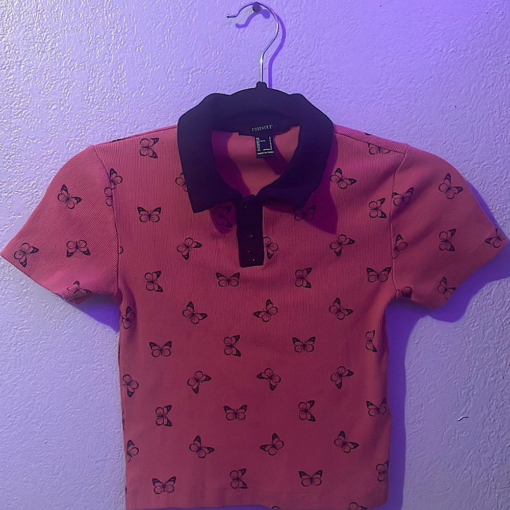 pink butterfly w/black collar shirt “cottagecore”